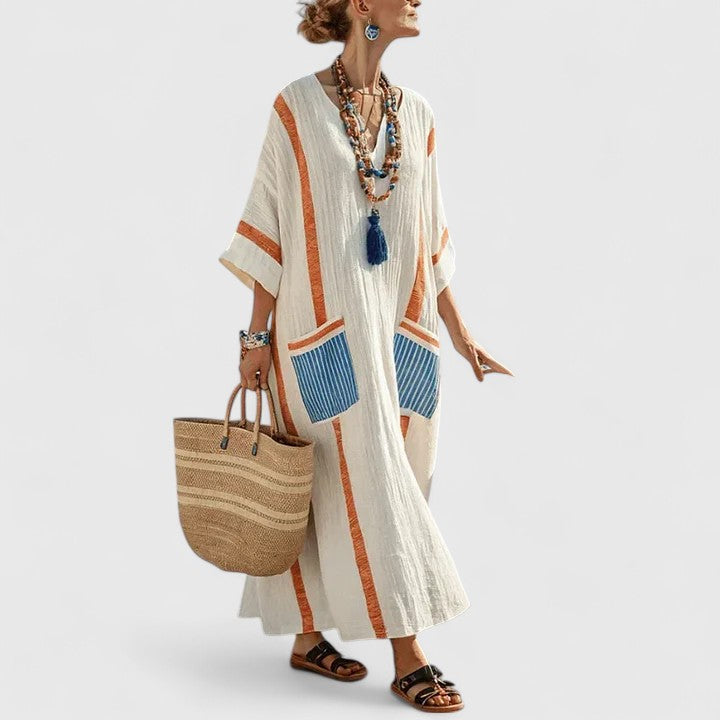 Women’s Mint Stripe Linen Blend Maxi Dress – V-Neck Teal Embroidered Trim Hidden Pockets Dress