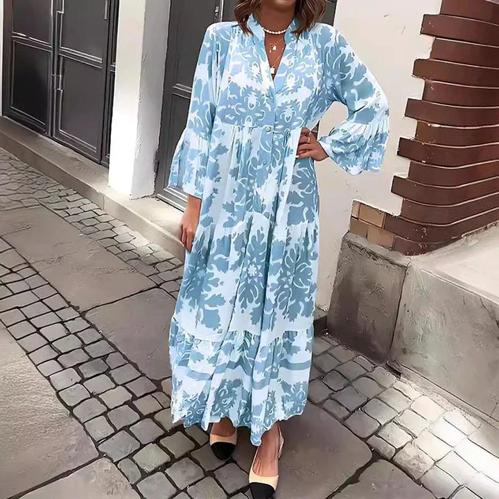 Luxuriously Bohemian Draped Silhouette Printed Flowing Maxi Dress For Timeless Elegance