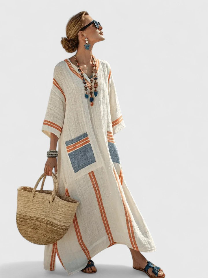 Women’s Linen Blend Kaftan Maxi Dress – Deep V-Neck Stripe Print Airy Flow Dress