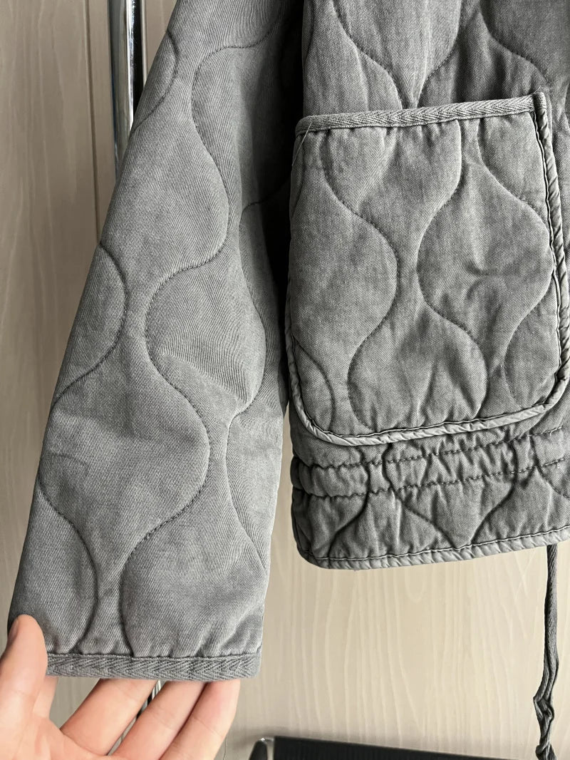 Ladies Cropped Padded Jacket with Pockets and Tie Belt