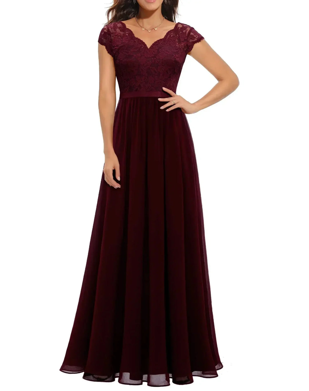 Elegant Alluring Lace Detailing Chantilly Lace Pattern Luxuriously Flowing Evening Gown