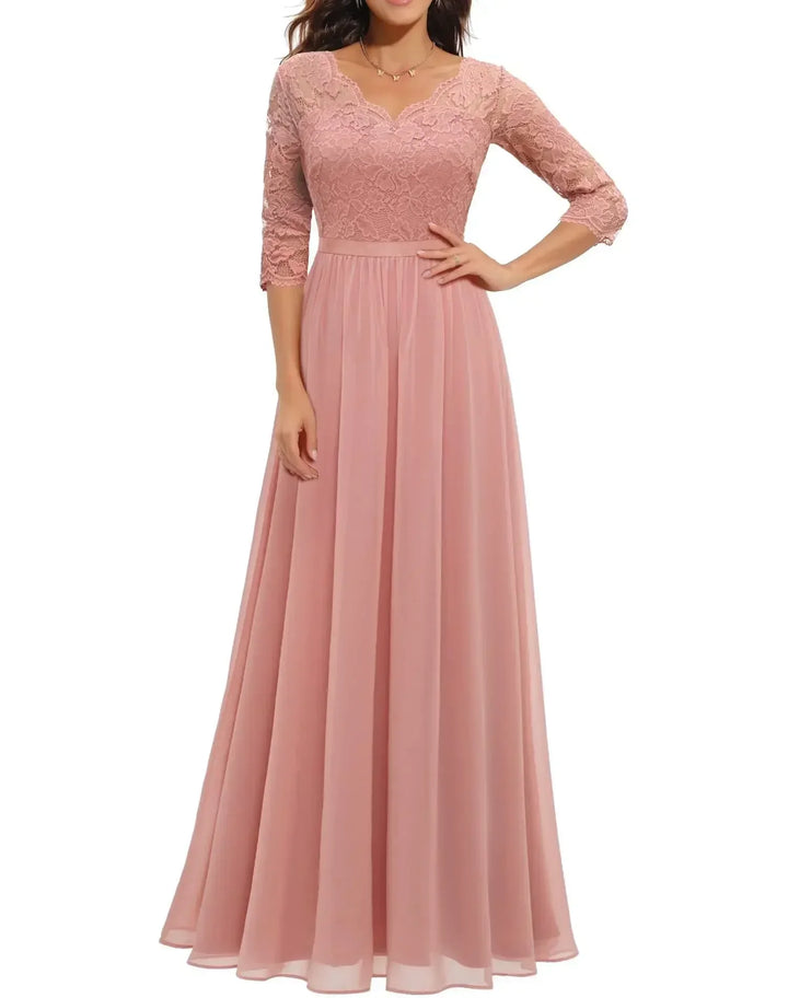Elegant Alluring Lace Detailing Chantilly Lace Pattern Luxuriously Flowing Evening Gown