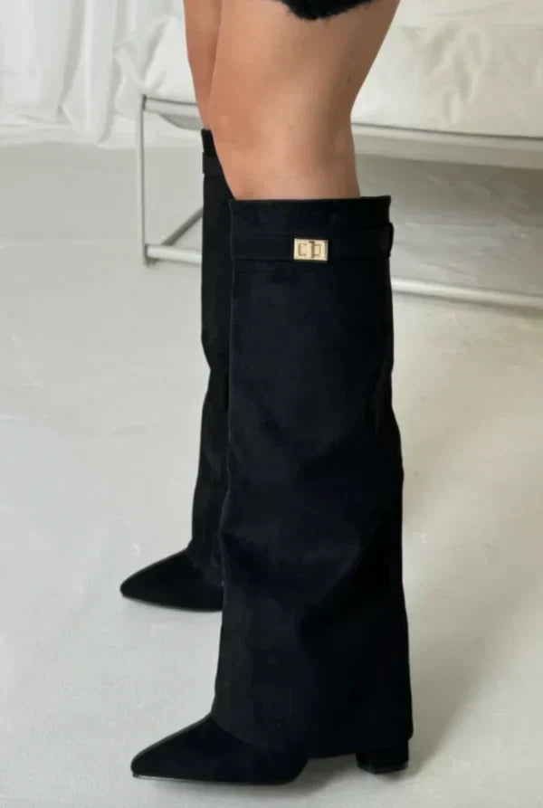 Women's Knee-High Boots with Gold Buckle