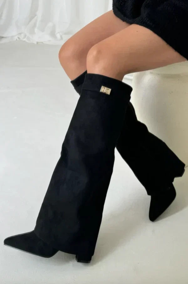 Women's Knee-High Boots with Gold Buckle