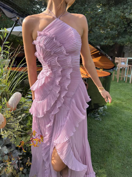 Timelessly Halter Neckline Pleated Crepe With Radiant Cascading Silhouette Dress
