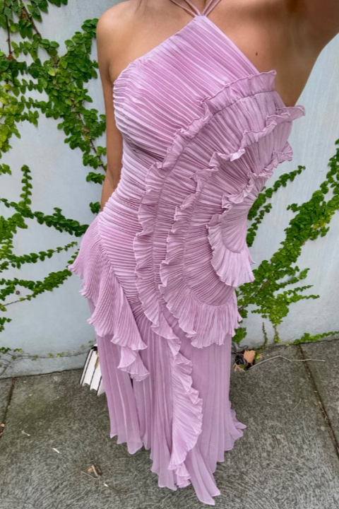 Timelessly Halter Neckline Pleated Crepe With Radiant Cascading Silhouette Dress