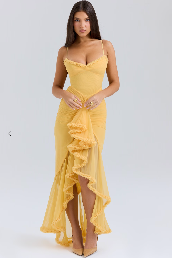 Luxuriously Elegant Ruched Lace With Cascading Ruffles Figure Flattering Silhouette Dress