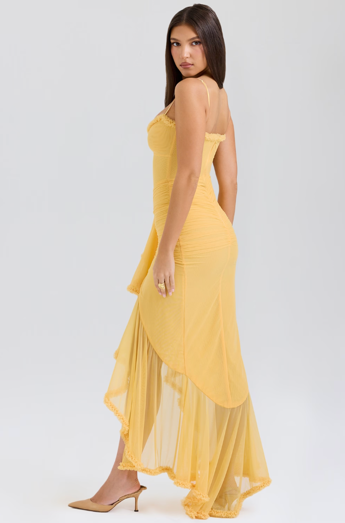 Luxuriously Elegant Ruched Lace With Cascading Ruffles Figure Flattering Silhouette Dress