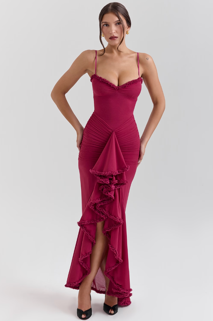 Luxuriously Elegant Ruched Lace With Cascading Ruffles Figure Flattering Silhouette Dress