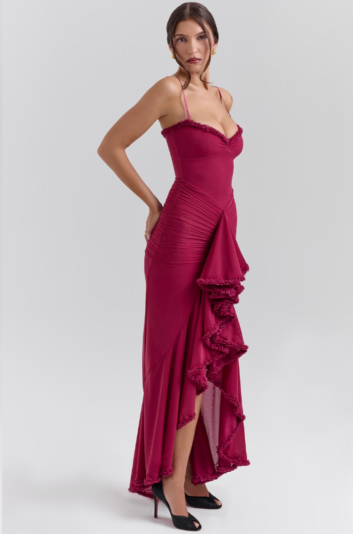 Luxuriously Elegant Ruched Lace With Cascading Ruffles Figure Flattering Silhouette Dress