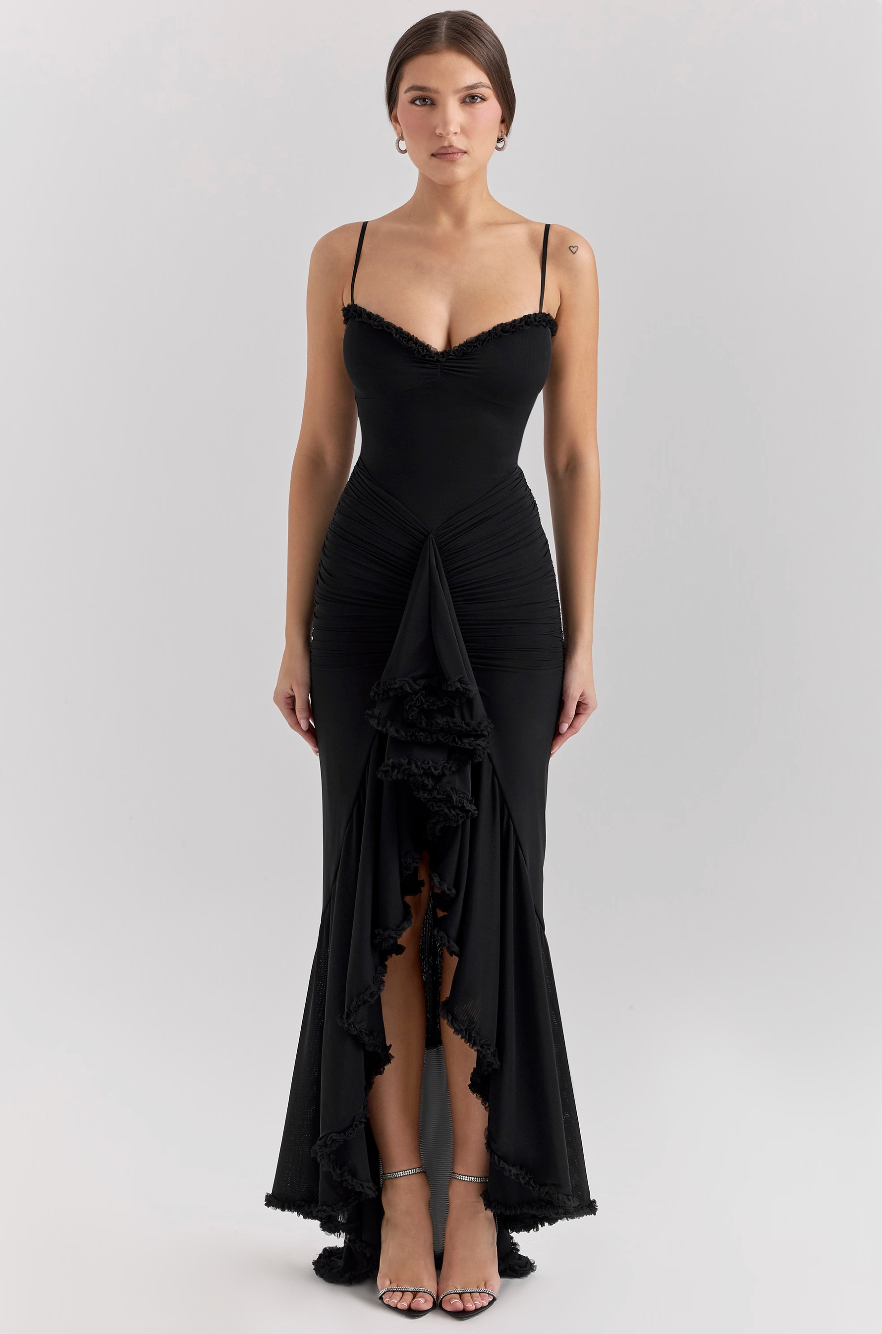 Luxuriously Elegant Ruched Lace With Cascading Ruffles Figure Flattering Silhouette Dress