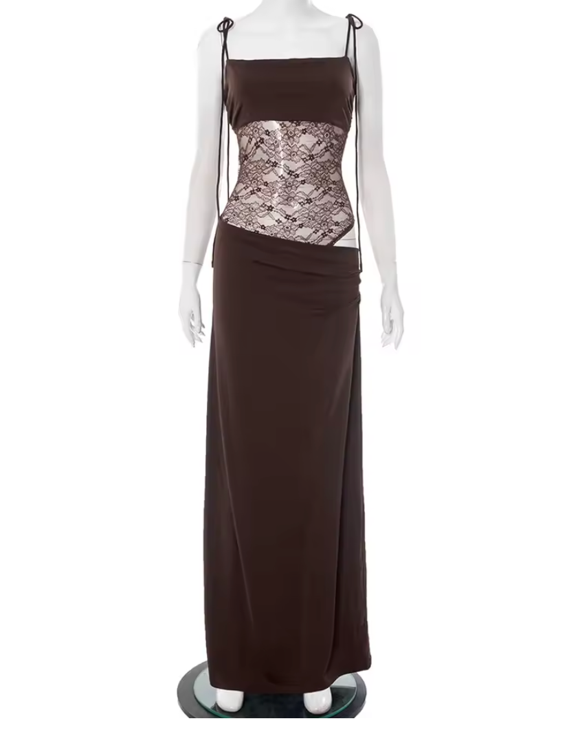 Women’s Lace Panel Maxi Dress – Adjustable Tie Straps Breathable Flowing Elegant Dress