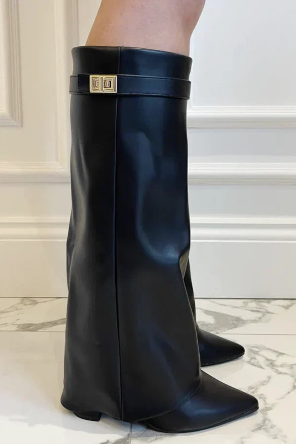 Women's Knee-High Boots with Gold Buckle