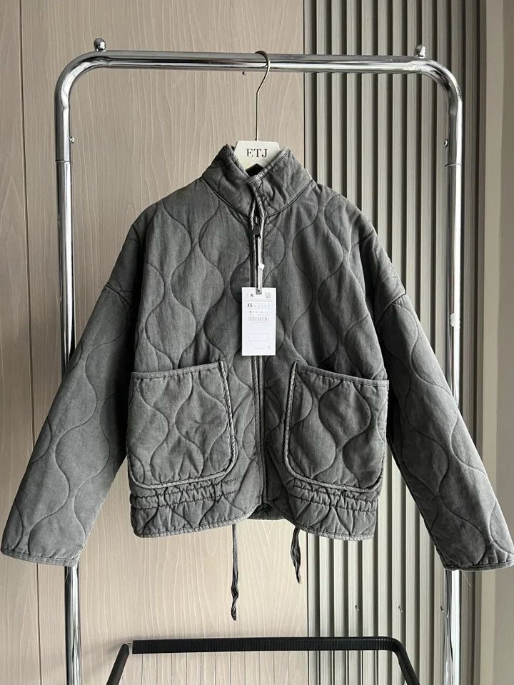 Ladies Cropped Padded Jacket with Pockets and Tie Belt