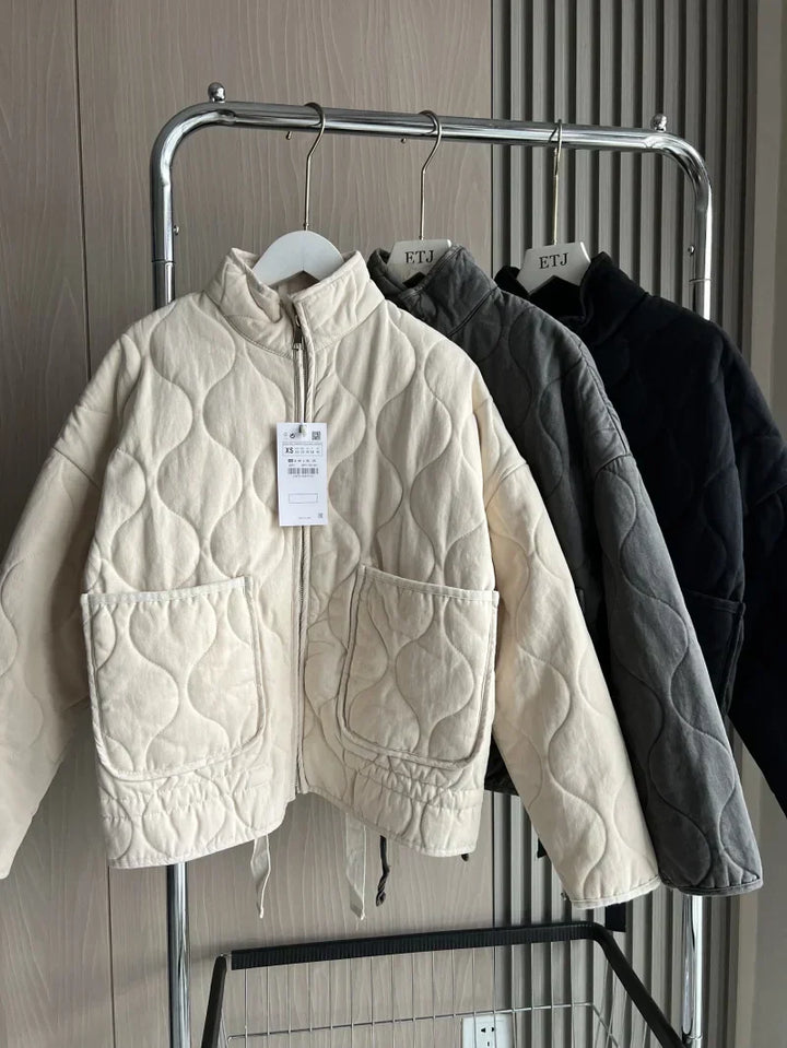 Ladies Cropped Padded Jacket with Pockets and Tie Belt