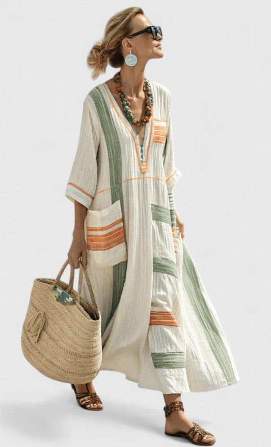 Women’s Linen Blend Kaftan Maxi Dress – Deep V-Neck Stripe Print Airy Flow Dress