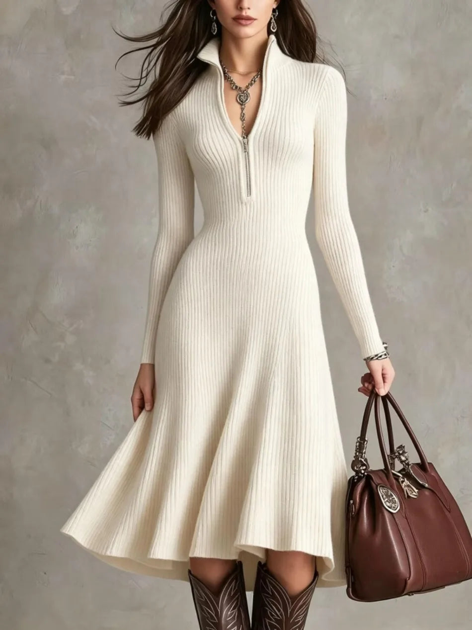 Leah | Women's Dress with Half-Zip and Ribbing