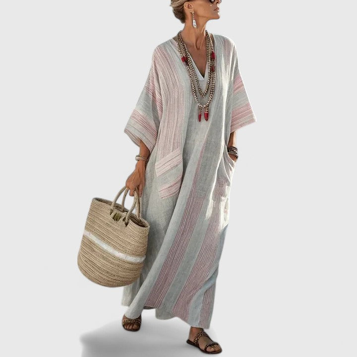 Women’s Mint Stripe Linen Blend Maxi Dress – V-Neck Teal Embroidered Trim Hidden Pockets Dress