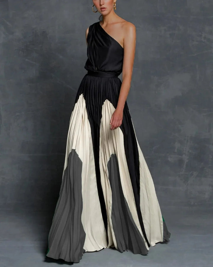 Elegant One-Shoulder Design Color Block Pleated Dramatic Evening Silhouette Maxi Dress