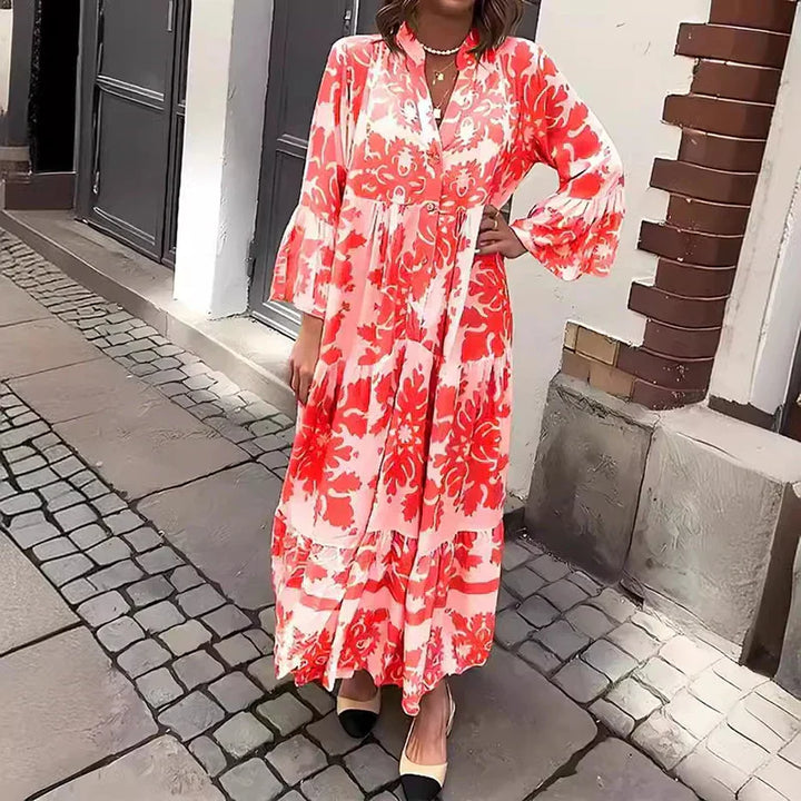 Luxuriously Bohemian Draped Silhouette Printed Flowing Maxi Dress For Timeless Elegance