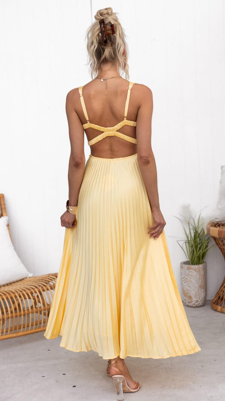 Chic Elegant Pleated V-Neck Cinched Waist Flowy Maxi Dress For Women