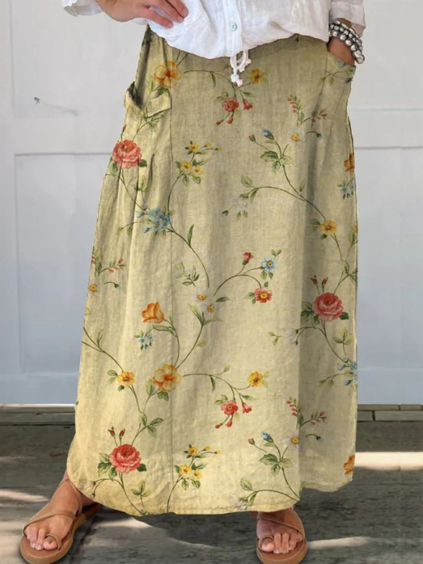 Quinn | Floral Art Skirt with Elastic Waistband and Pockets