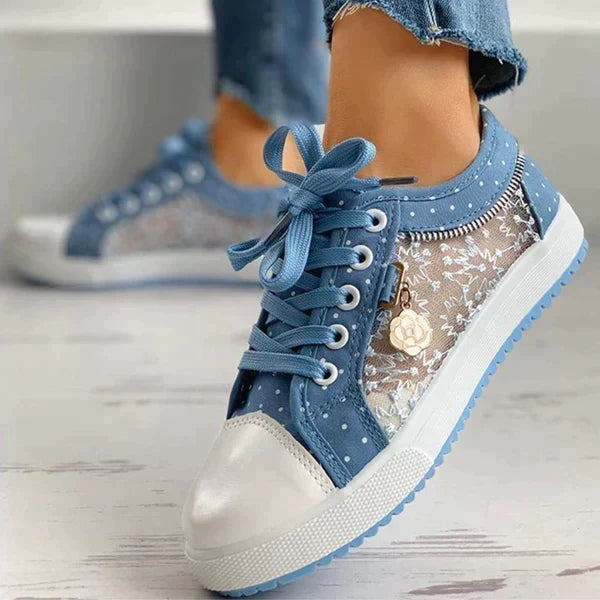 Ladies Floral Mesh Lace-Up Casual Comfort Walking Shoes