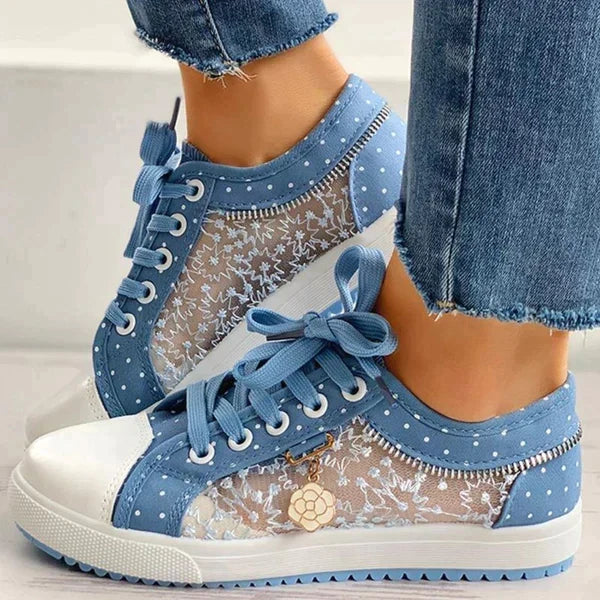 Ladies Floral Mesh Lace-Up Casual Comfort Walking Shoes