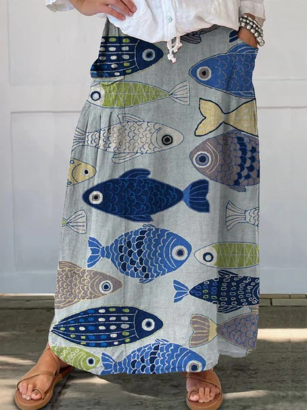 Vivienne | Pocket Skirt with Vintage Fish Art Print and Versatile Style
