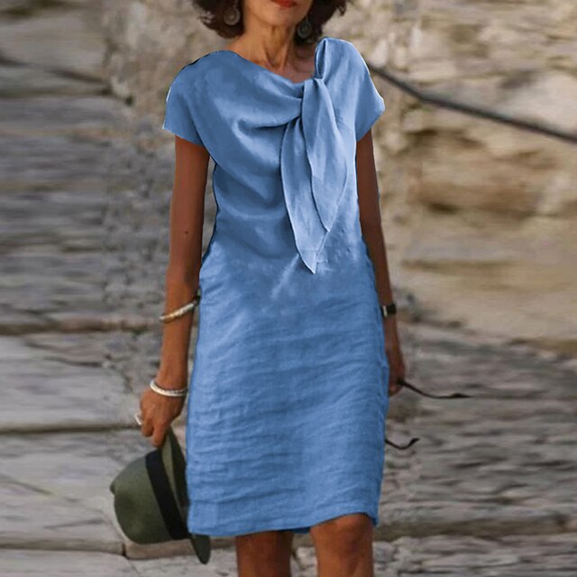 Women’s Crepe Midi Dress – Bow Neckline Three-Quarter Sleeve Elegant Dress