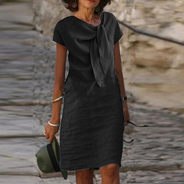 Women’s Crepe Midi Dress – Bow Neckline Three-Quarter Sleeve Elegant Dress