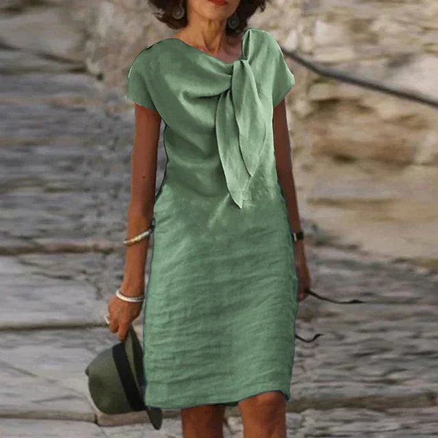 Women’s Crepe Midi Dress – Bow Neckline Three-Quarter Sleeve Elegant Dress