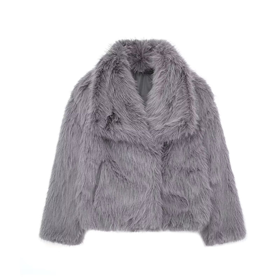 Ladies' Pile Faux Fur Coat with Shawl Collar and Open Front