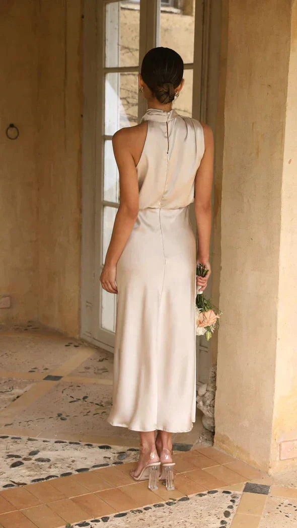 Luxurious Halter Neckline Flowing Floorlength Silky Satin Midi Dress For Weddings