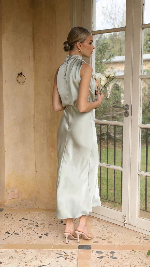 Luxurious Halter Neckline Flowing Floorlength Silky Satin Midi Dress For Weddings
