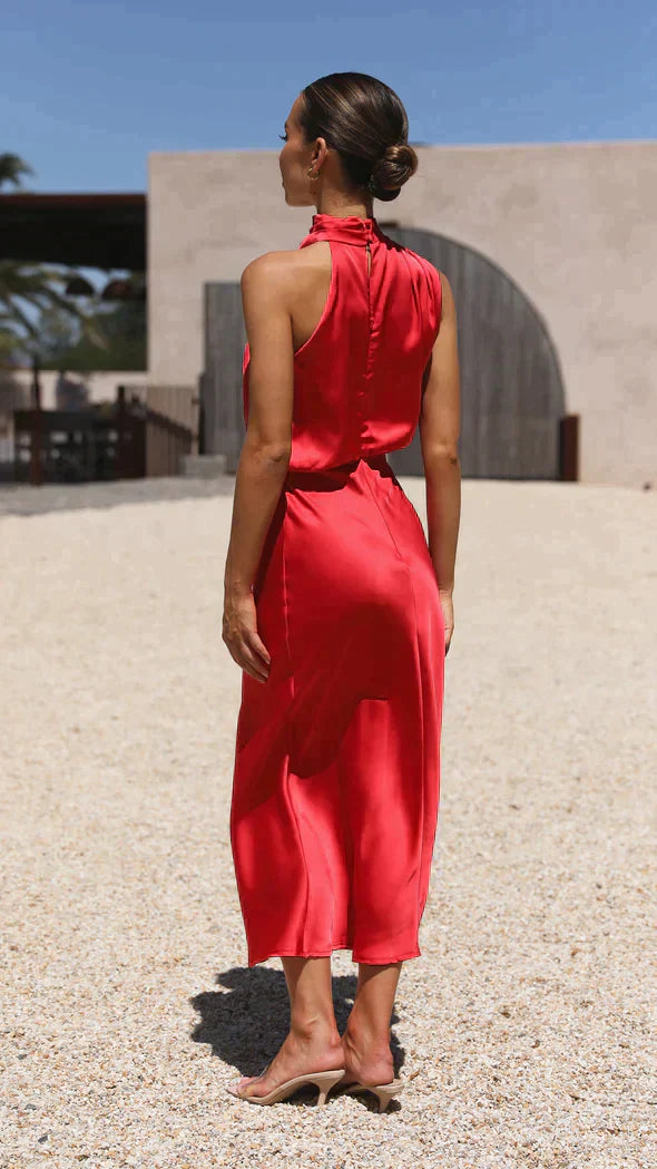 Luxurious Halter Neckline Flowing Floorlength Silky Satin Midi Dress For Weddings