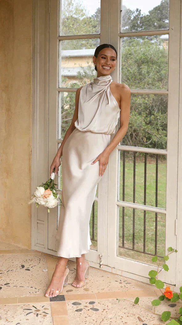 Luxurious Halter Neckline Flowing Floorlength Silky Satin Midi Dress For Weddings