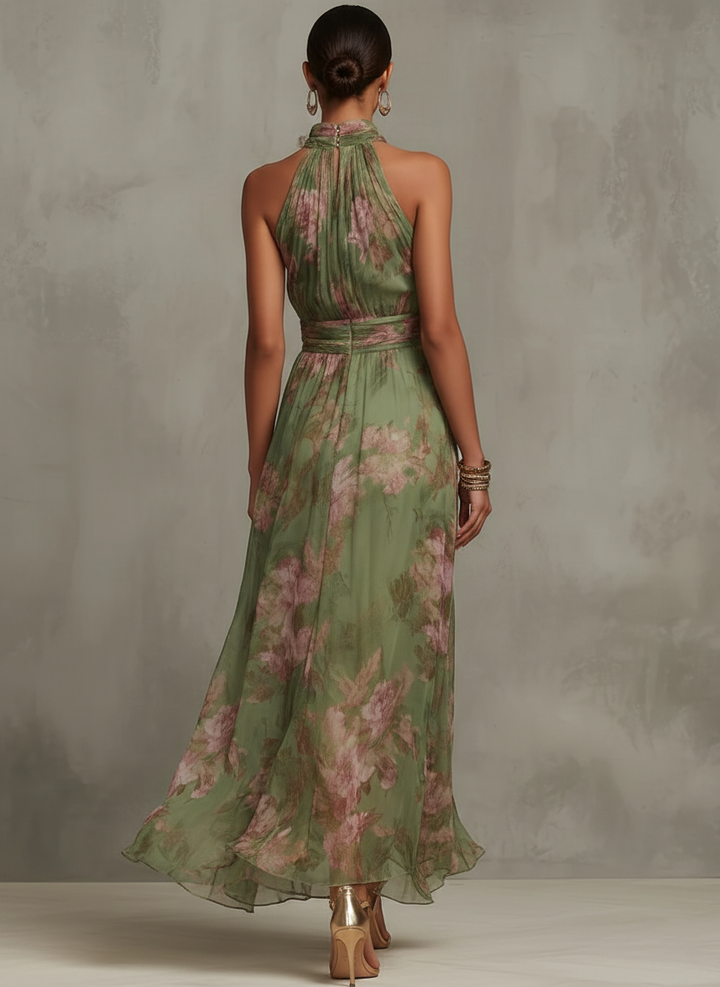 Elegant Halter Neckline With Gathered Detailing Lightweight Chiffon Floral Print Soft Romantic Muted Tones Maxi Dress