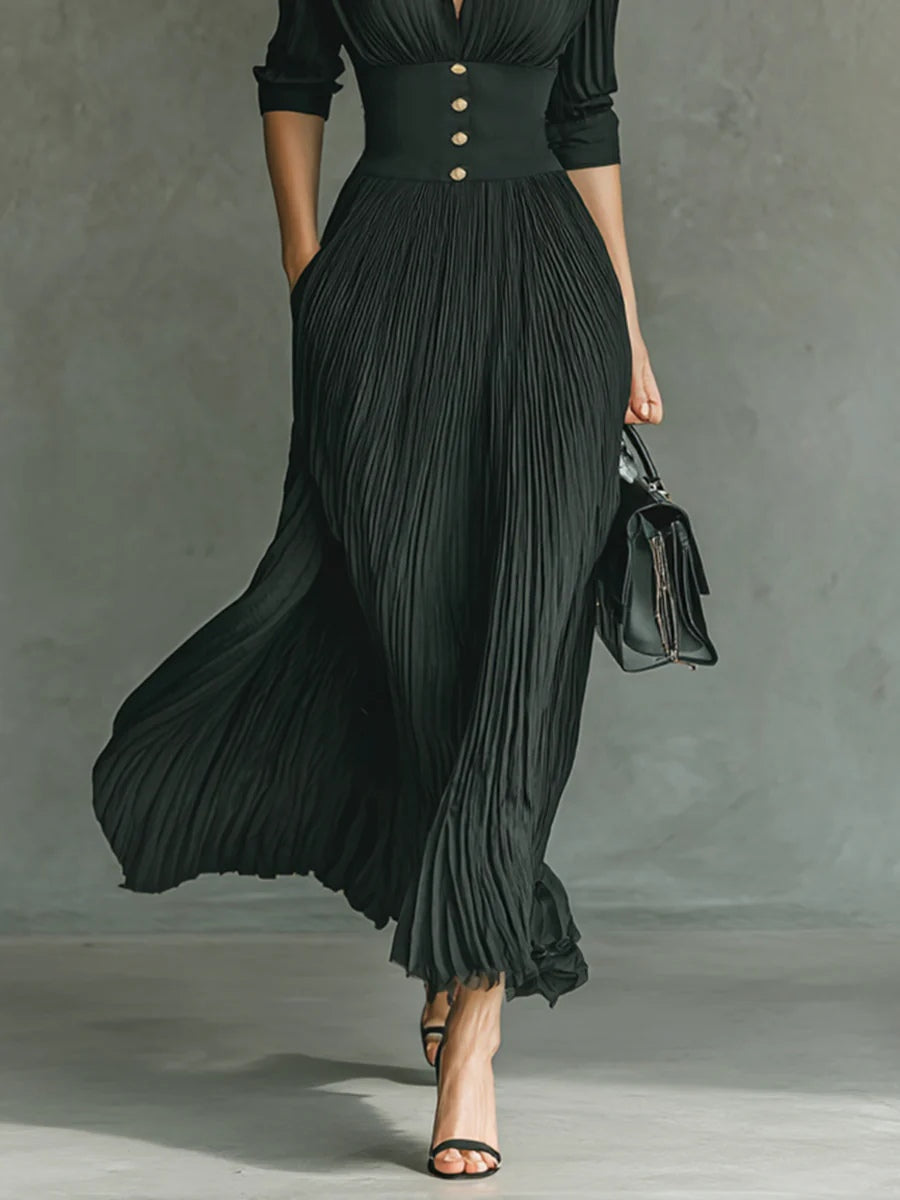 Luxurious Timeless Pleated Lapel Textured Weave Crepe Fabric Belted Waist Maxi Dress