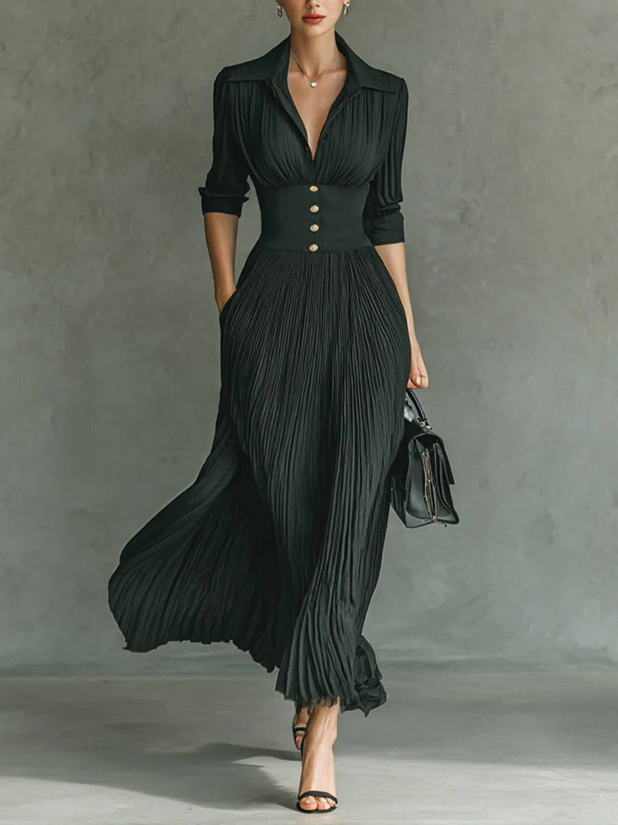Luxurious Timeless Pleated Lapel Textured Weave Crepe Fabric Belted Waist Maxi Dress
