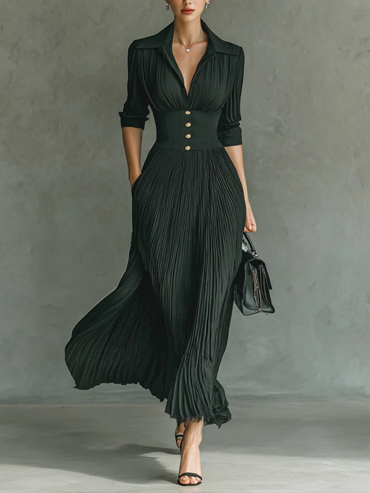 Luxurious Timeless Pleated Lapel Textured Weave Crepe Fabric Belted Waist Maxi Dress