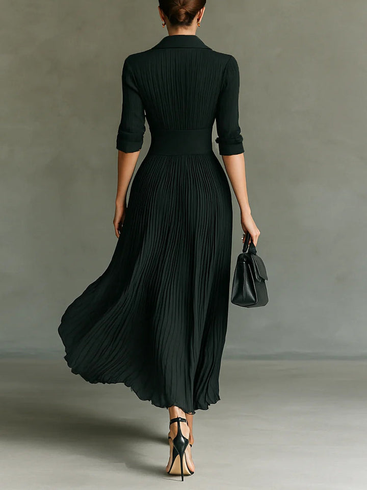 Luxurious Timeless Pleated Lapel Textured Weave Crepe Fabric Belted Waist Maxi Dress