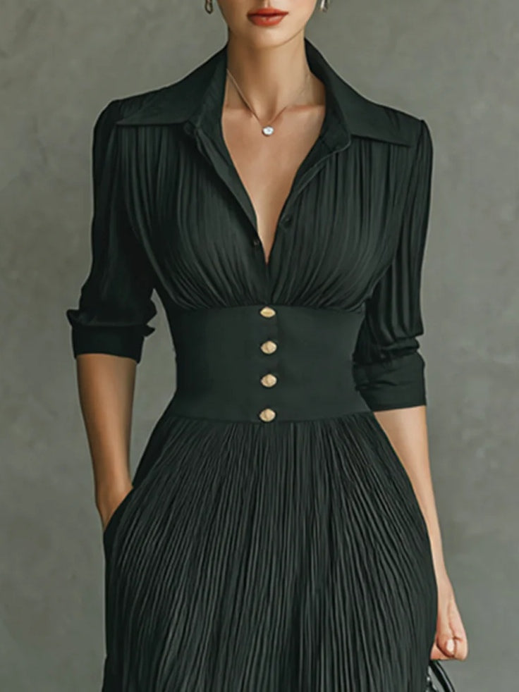 Luxurious Timeless Pleated Lapel Textured Weave Crepe Fabric Belted Waist Maxi Dress
