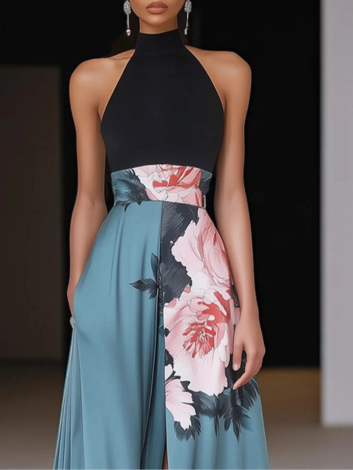 Elegant Black Floral Print Sleeveless A Line Maxi Dress