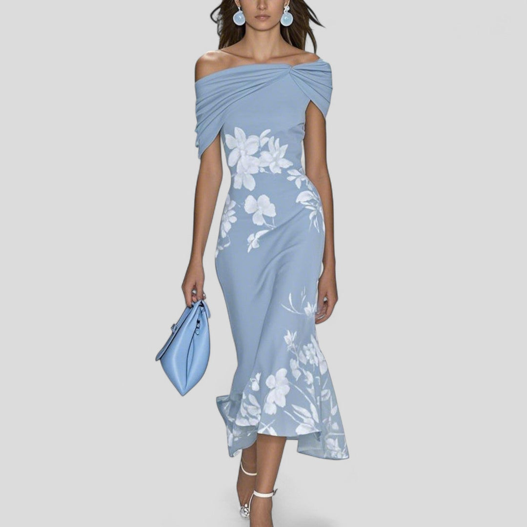 Luxurious Sophisticated Sage Botanical Print Off-Shoulder Ruffle-Edge Hem Midi Dress