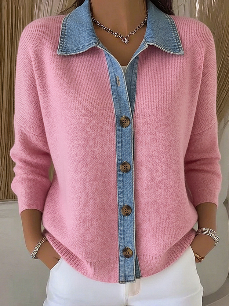 Knitted Cardigan with Polo Collar and Denim Patches, with Buttons