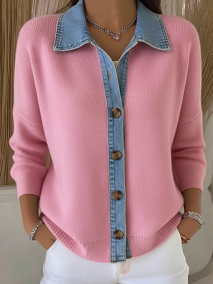 Knitted Cardigan with Polo Collar and Denim Patches, with Buttons