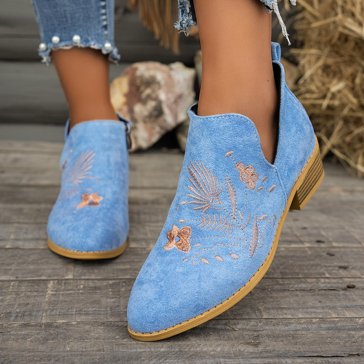 Isadora | Embroidered Low Heel Ankle Boots