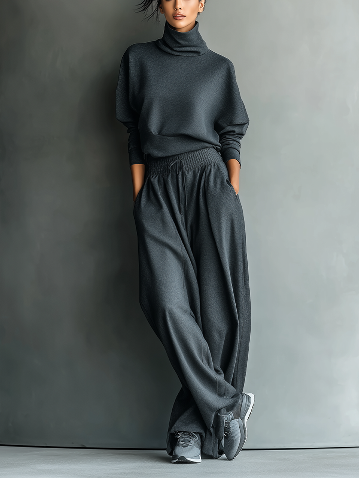 Luxurious Oversized Turtleneck Knitwear Fabric Charcoal Palazzo Wide-Leg Pants Set