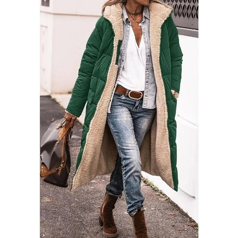 Stylish Long Down Jacket for Women with Sherpa Lining
